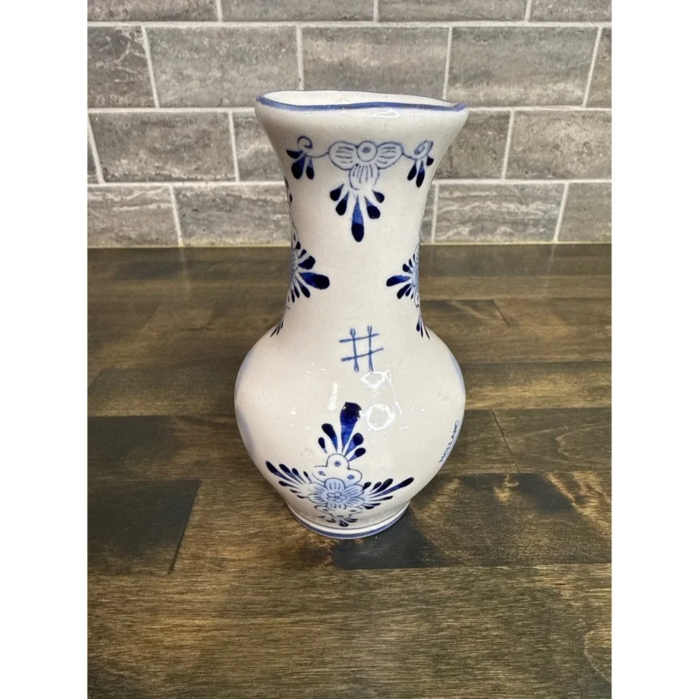 Delfts Blauw Handpainted Holland Bud Vase Blue White Windmill Floral 5